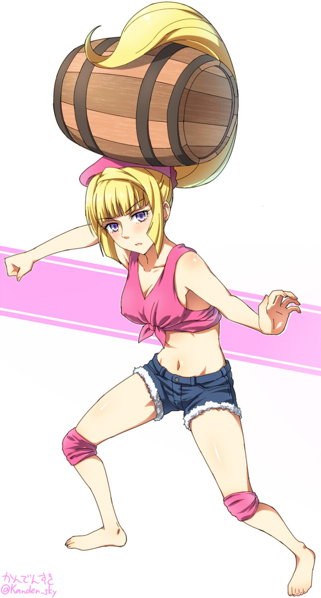 1girl, bare_shoulders, barefoot, barrel, blonde_hair, breasts, cleavage, denim