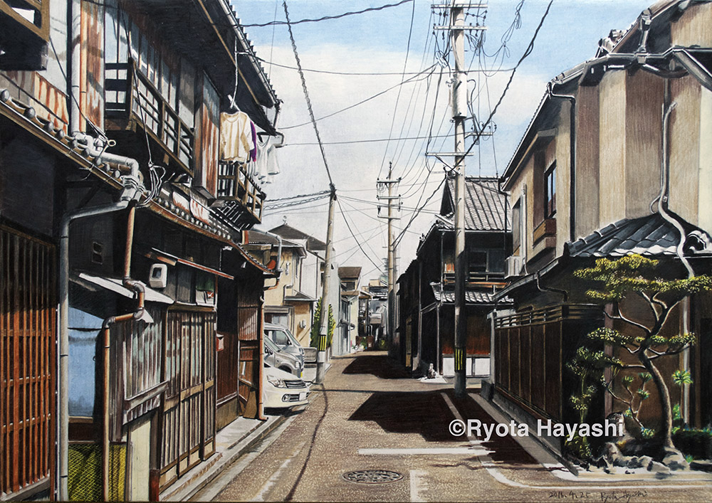 artist_name, building, cityscape, lamppost, nagoya_(city), no_humans, original, photorealistic