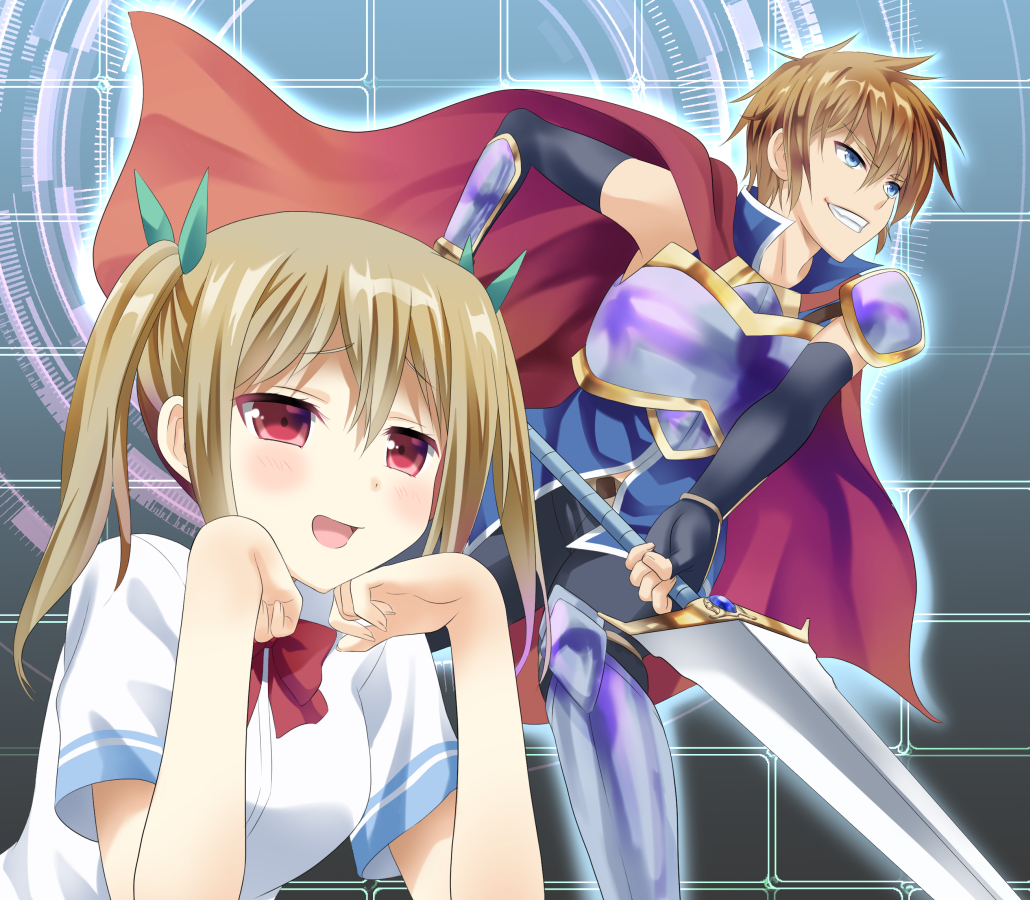1boy, 1girl, cape, commentary_request, dual_persona, kanmimi, netoge_no_yome_wa_onna_no_ko_janai_to_omotta?, schwein_(netoge_no_yome)