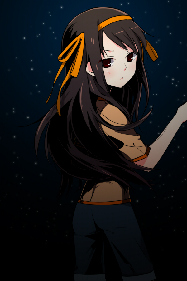 brown_hair, casual, hair_ribbon, hairband, jin_(crocus), long_hair, night, ribbon