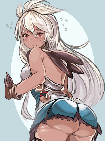 1girl, armor, armored_dress, ass, brown_gloves, dark_skin, dress, flying_sweatdrops