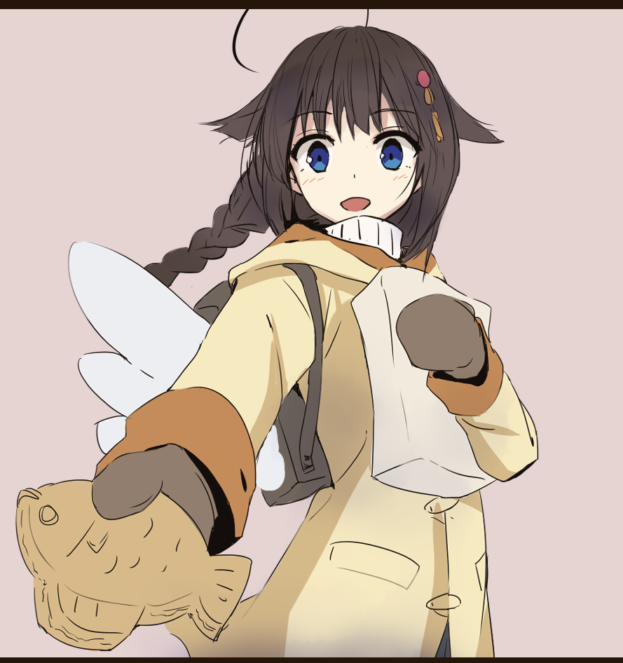 1girl, ahoge, backpack, bag, black_hair, blue_eyes, braid, check_commentary