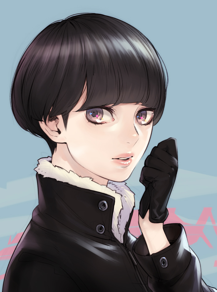 androgynous, bangs, black_eyes, black_gloves, black_hair, blue_background, blunt_bangs, buttons, eyelashes, fur_trim, gloves, high_collar, lips, long_sleeves, looking_at_viewer, original, parted_lips, portrait, shiohara_shin'ichi, short_hair, sideburns, solo, zipper