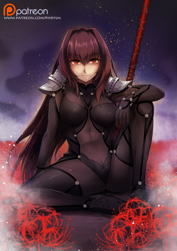 1girl, arm_support, armor, bodysuit, breasts, commentary, covered_navel, fate/grand_order