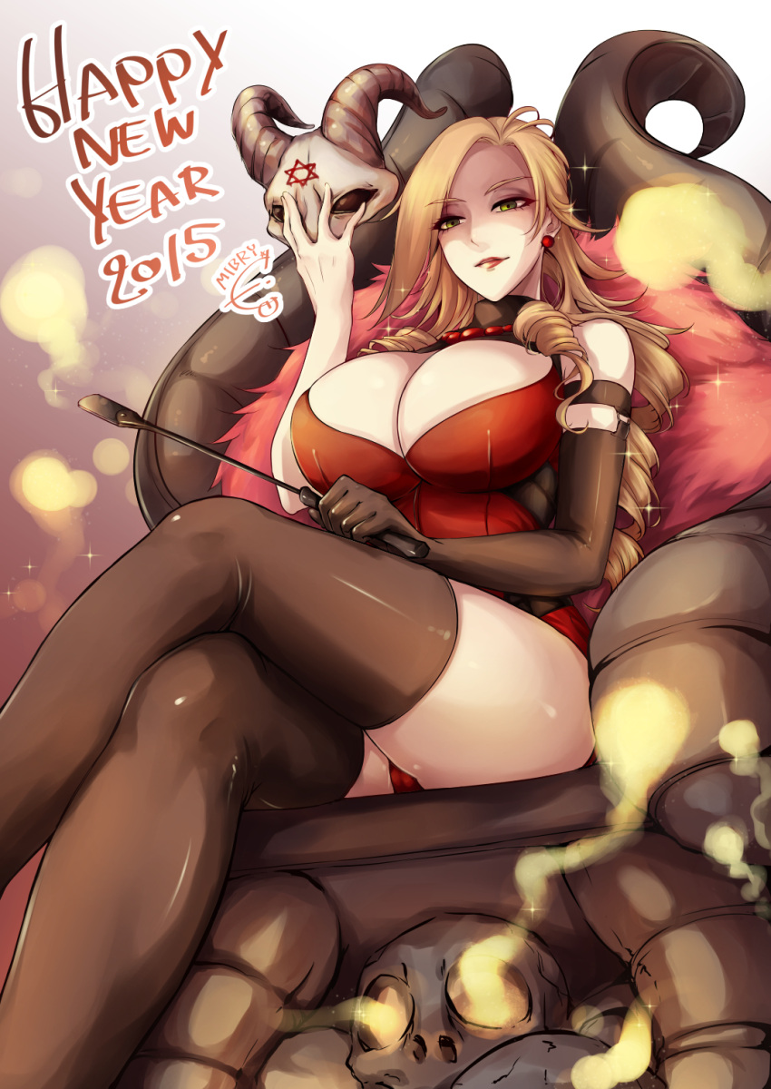 1girl, 2015, animal_skull, bare_shoulders, black_gloves, black_legwear, blonde_hair, breasts