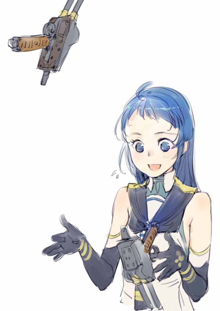 1girl, artist_request, bangs, blue_eyes, blue_hair, branch_(blackrabbits), elbow_gloves, flying_sweatdrops