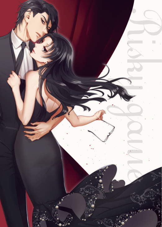 1boy, 1girl, bangs, bare_shoulders, beige_background, black-framed_glasses, black_dress, black_eyes