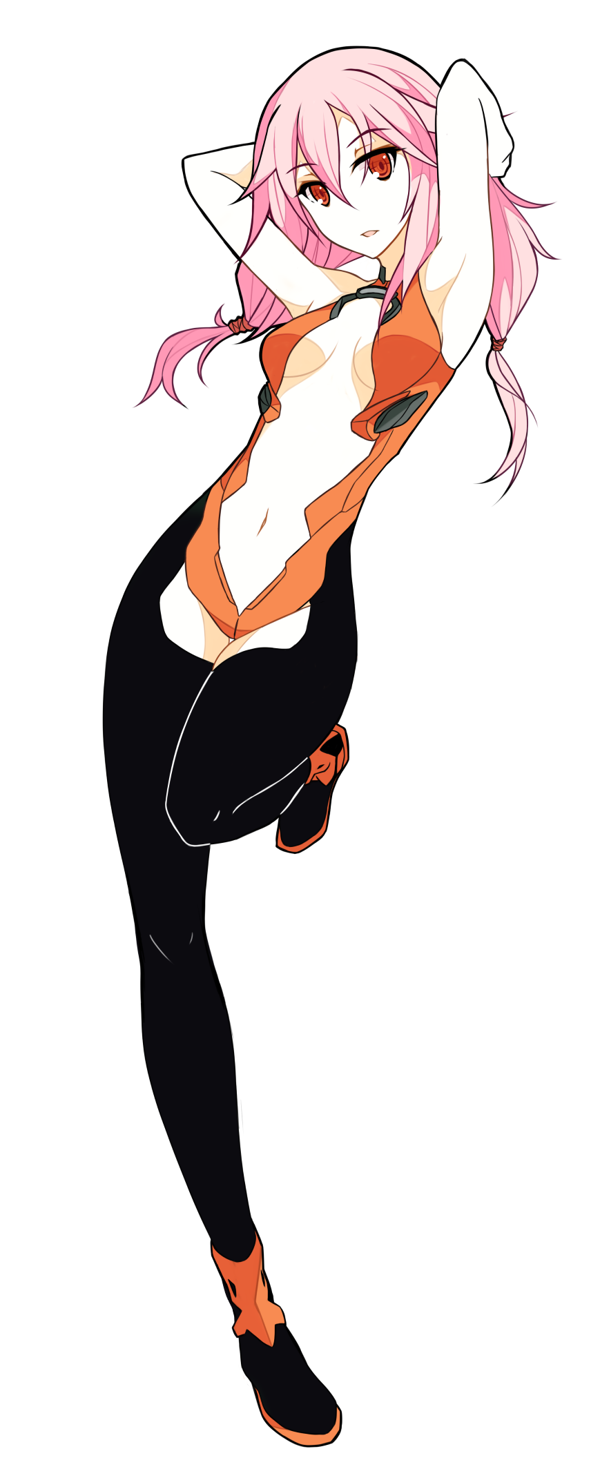 1girl, armpits, arms_behind_head, arms_up, bare_arms, bare_shoulders, black_legwear, breasts
