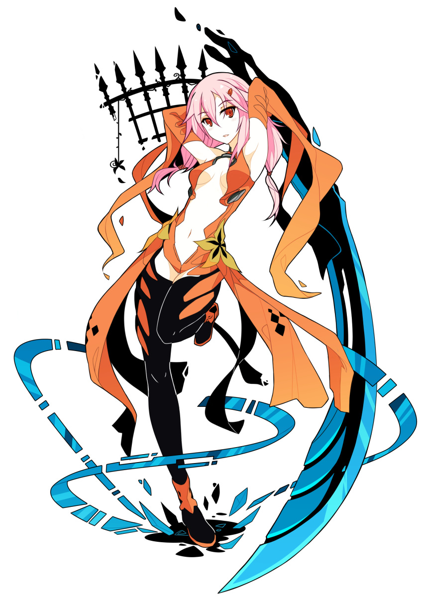 1girl, absurdres, armpits, arms_behind_head, arms_up, bare_shoulders, black_legwear, breasts