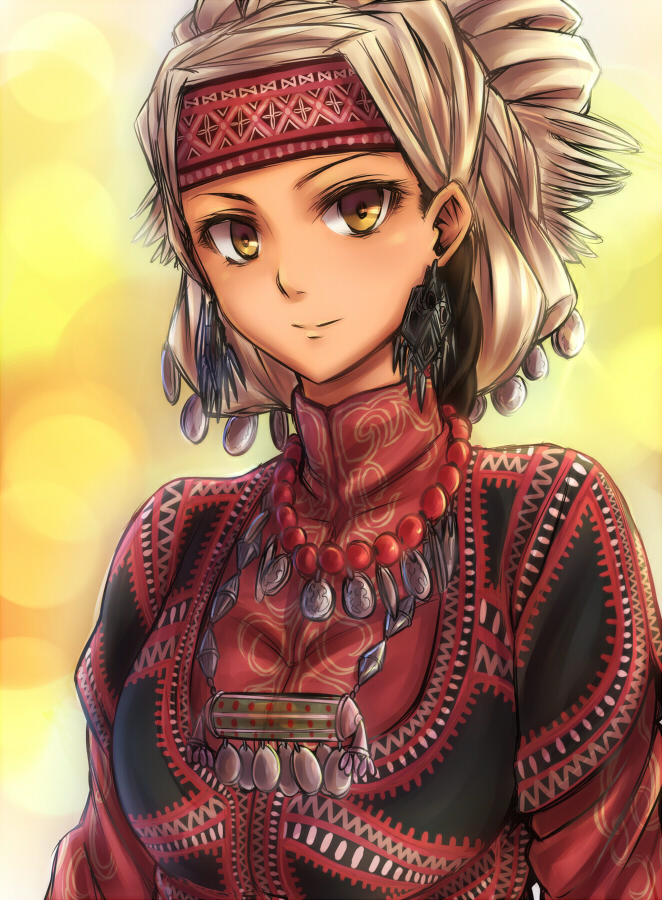 1girl, amira, bead_necklace, black_hair, braid, brown_eyes, earrings, head_scarf