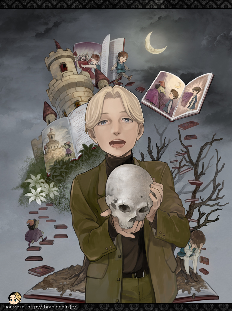 1boy, blonde_hair, blue_eyes, book, expressionless, hinoakimitsu, jacket, johan_liebert