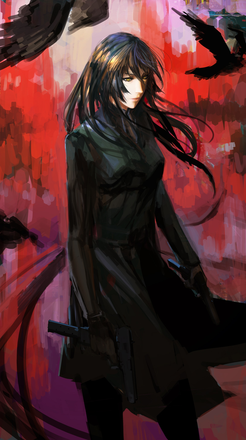 1girl, afi_(arsenixc), arsenixc, bird, black, black_coat, black_gloves, black_hair