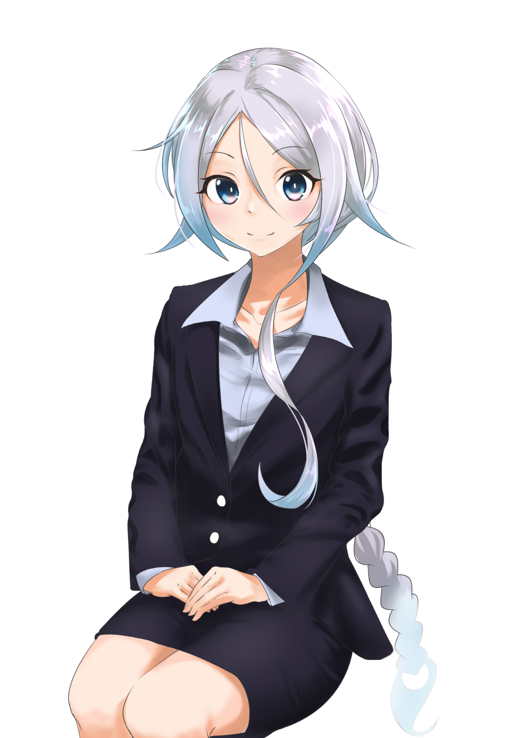 1girl, abogado, alternate_costume, bare_legs, blue_eyes, braid, formal, hair_tie, highres, jacket, kantai_collection, long_hair, office_lady, shirt, silver_hair, single_braid, skirt, skirt_suit, smile, solo, suit, umikaze_(kantai_collection), very_long_hair