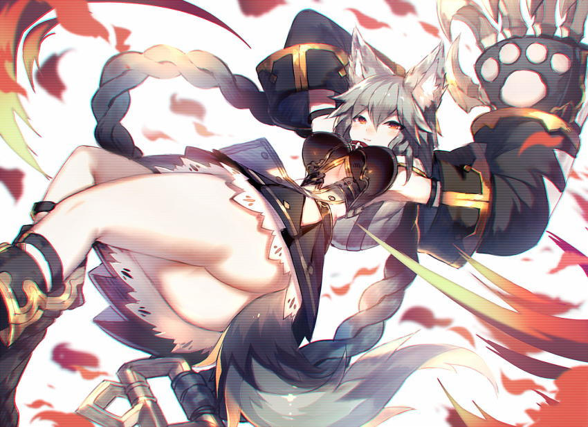 1girl, animal_ears, arm_belt, arms_up, ass, bangs, blurry, blush