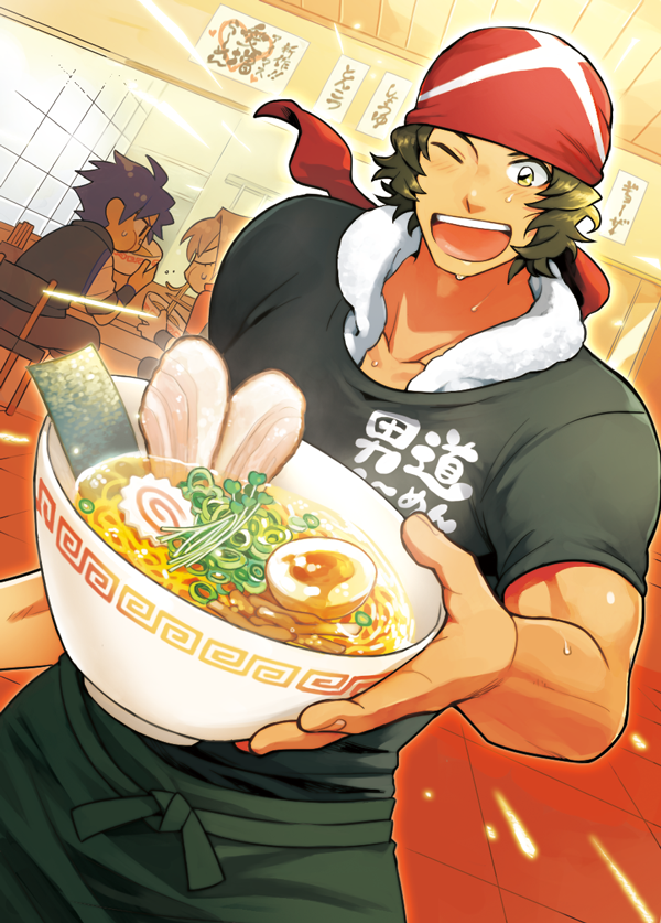 1boy, ;), bandage_on_face, bandana, blue_hair, bowl, casual, eating