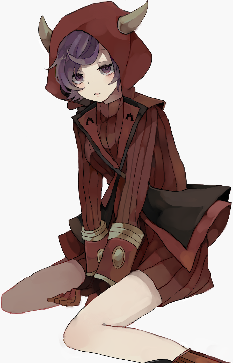 1girl, boots, chiaki_(chika-0803), expressionless, fake_horns, gloves, highres, hood, horned_headwear, kagari_(pokemon), kagari_(pokemon)_(remake), looking_at_viewer, parted_lips, pokemon, pokemon_(game), pokemon_oras, purple_hair, ribbed_sweater, short_hair, sitting, solo, sweater, team_magma, uniform, violet_eyes, wariza, white_background