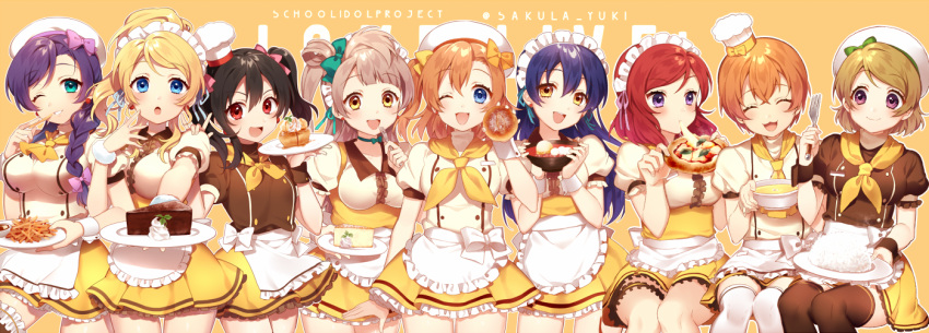 !, 6+girls, :3, :d, :o, :t, ;d, ^_^, alternate_costume, apron, aqua_bow, aqua_eyes, aqua_ribbon, arm_at_side, ayase_eli, bangs, beret, black_hair, blonde_hair, blue_eyes, blue_hair, blue_ribbon, blush, bow, bowl, braid, bread, breasts, brown_legwear, cake, center_frills, cheese, chef_hat, chips, chocolate, choker, closed_eyes, closed_mouth, collarbone, copyright_name, cream, double-breasted, earrings, eating, eyebrows, eyebrows_visible_through_hair, eyelashes, fingernails, food, fork, frilled_apron, frilled_skirt, frilled_sleeves, frills, fur_trim, garters, green_bow, hair_between_eyes, hair_bow, hair_over_shoulder, hair_ribbon, hand_on_another's_shoulder, happy, hat, hat_bow, hat_ribbon, head_tilt, heart, holding, holding_bowl, holding_food, holding_fork, holding_plate, hoshizora_rin, ichinose_yukino, jewelry, jumper, koizumi_hanayo, kousaka_honoka, leg_garter, locked_arms, long_fingernails, long_hair, looking_at_another, love_live!_school_idol_project, maid_headdress, minami_kotori, mini_hat, miniskirt, mochi, mouth_hold, multiple_girls, neckerchief, nishikino_maki, one_eye_closed, one_side_up, open_mouth, orange_bow, orange_hair, outline, pastry, pink_bow, pizza, plate, ponytail, porridge, puffy_short_sleeves, puffy_sleeves, purple_hair, red_eyes, redhead, ribbon, rice, sauce, short_hair, short_sleeves, silver_hair, simple_background, sitting, skirt, slice_of_cake, smile, sonoda_umi, soup, spoken_heart, sweets, swept_bangs, thigh-highs, thigh_gap, toque_blanche, toujou_nozomi, turtleneck, twintails, twitter_username, uniform, violet_eyes, wagashi, waist_apron, white_apron, white_bow, white_hat, white_legwear, wrist_cuffs, yazawa_nico, yellow_background, yellow_bow, yellow_eyes, yellow_skirt