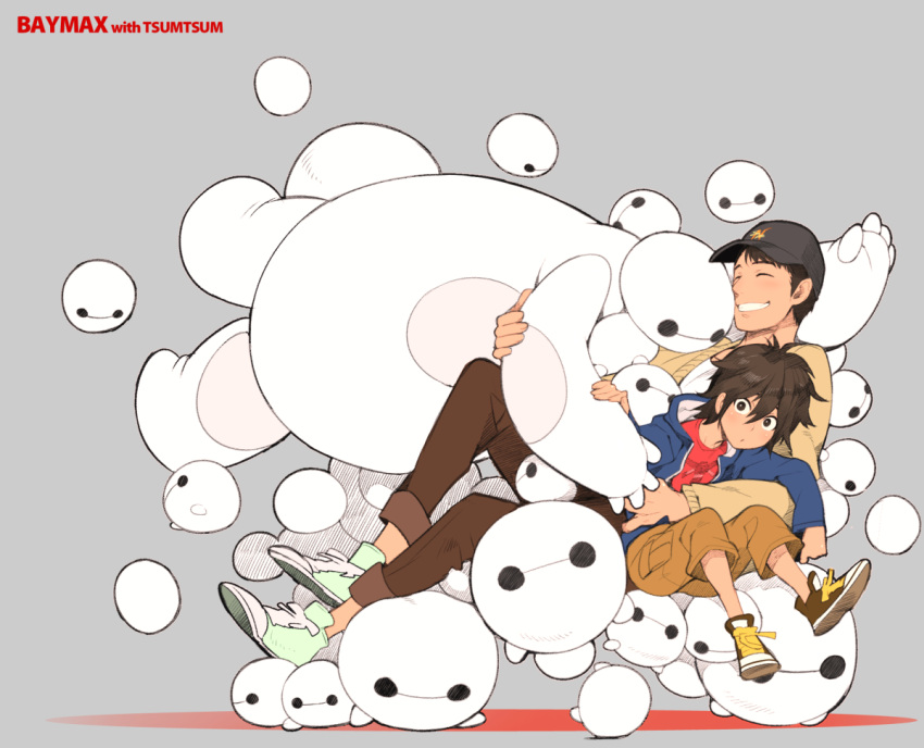2boys, baseball_cap, baymax, big_hero_6, black_hair, brothers, brown_eyes, cargo_shorts