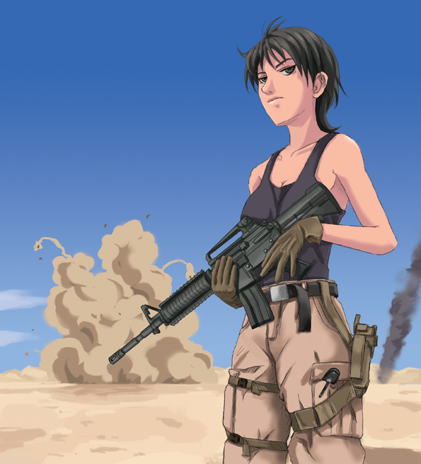 bad_id, belt, desert, explosion, fatigues, gloves, gun, holster