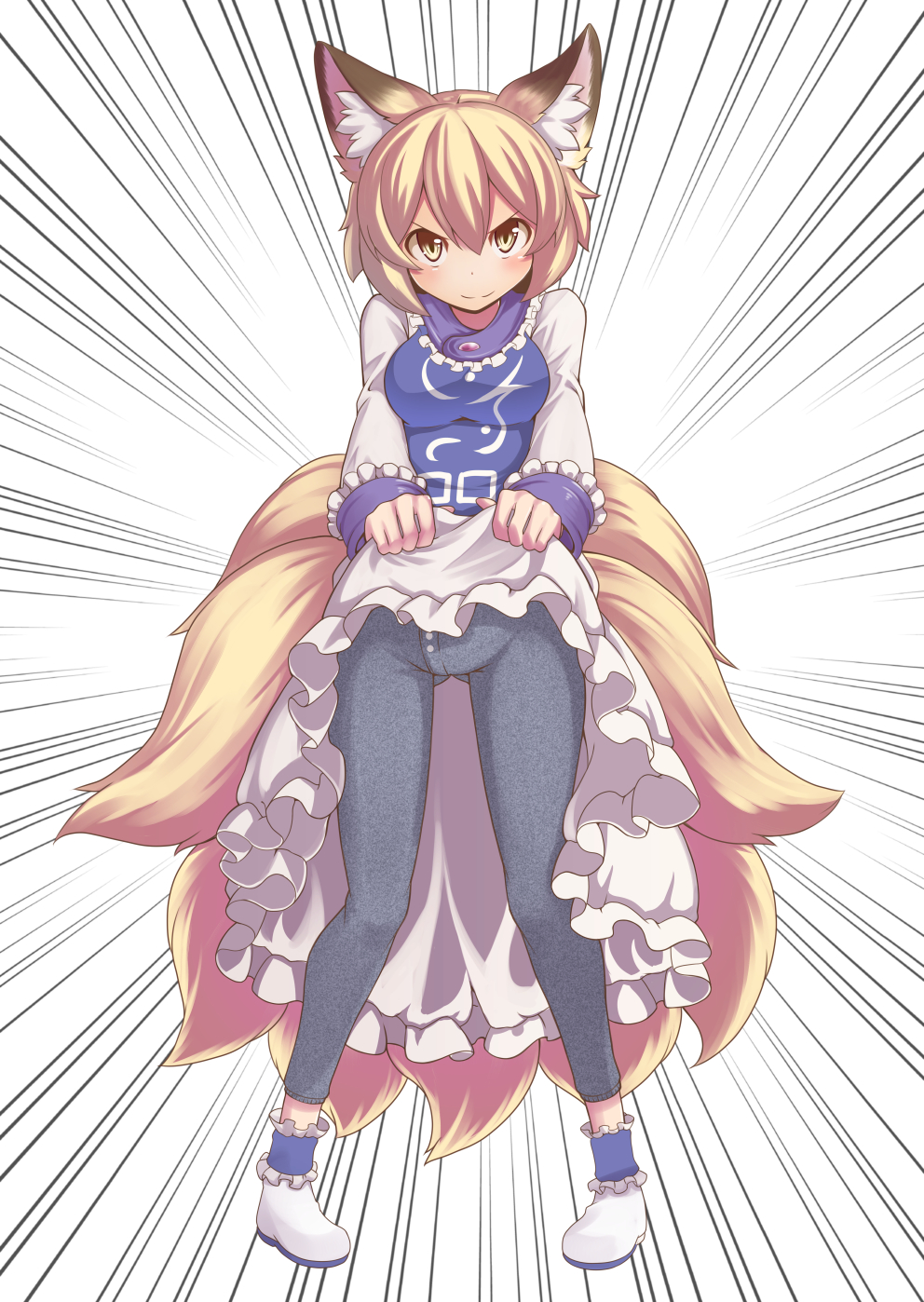 >:), 1girl, animal_ears, ass_visible_through_thighs, blonde_hair, blush, breasts, dress, fox_ears, fox_tail, full_body, highres, kyuubi, long_sleeves, looking_at_viewer, multiple_tails, no_hat, pants, pants_under_skirt, short_hair, skirt, skirt_lift, smile, solo, tabard, tail, tamahana, thermal_underwear, touhou, white_dress, yakumo_ran, yellow_eyes, younger