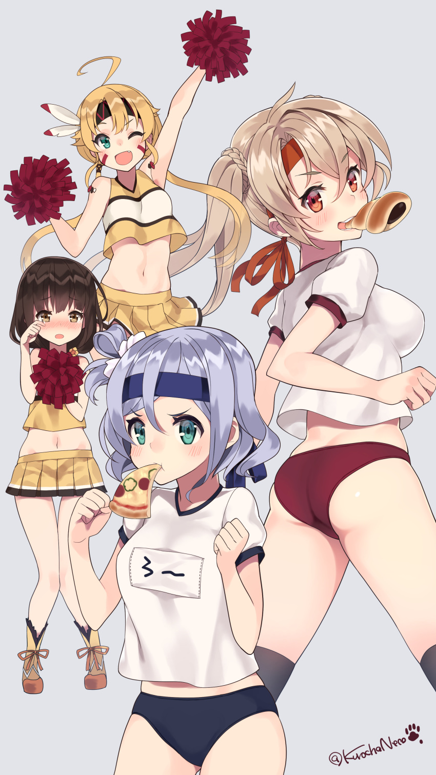 >:t, 4girls, :t, ;d, absurdres, ahoge, aqua_eyes, arm_up