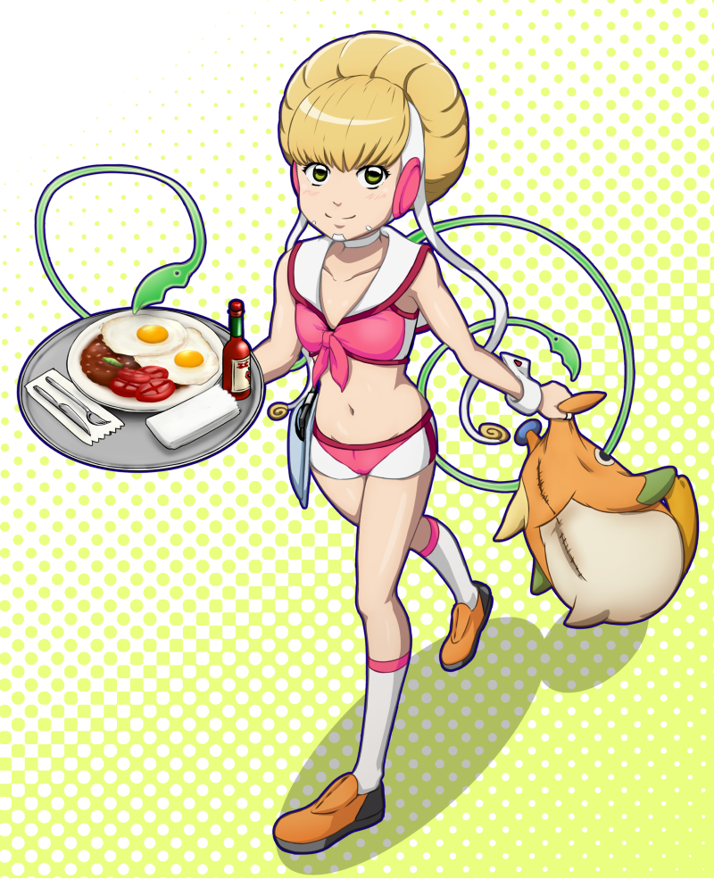 1girl, adelie_(space_dandy), blonde_hair, boobies_uniform, choker, flat_chest, food, fried_egg