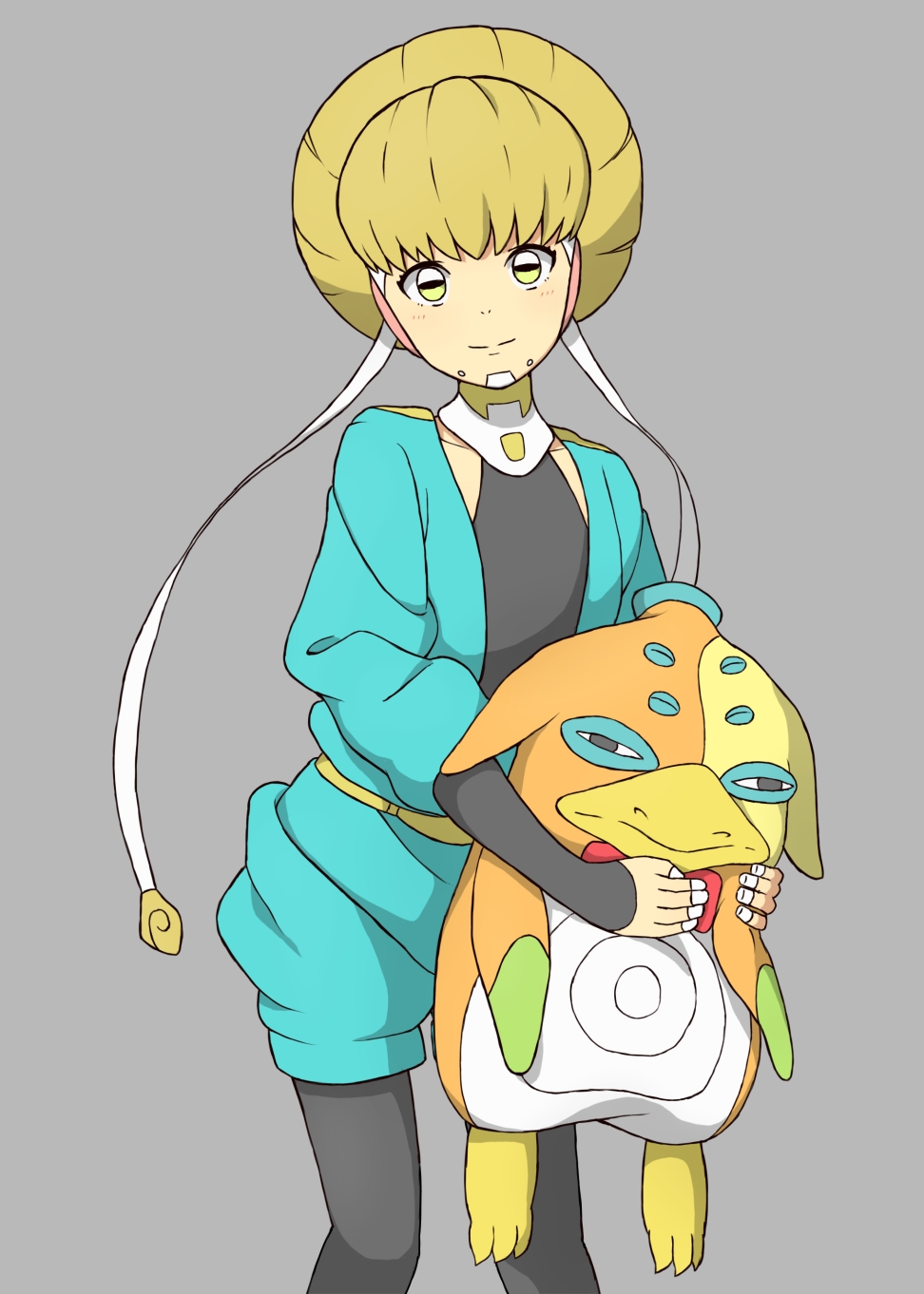 1girl, adelie_(space_dandy), alien, black_legwear, flat_chest, green_eyes, hair_bun, highres, light_smile, solo, space_dandy, stuffed_animal, stuffed_bird, stuffed_toy, you_(maumauyo)