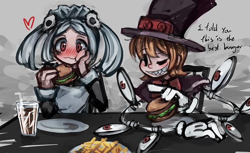 2girls, :d, apron, bloody_marie_(skullgirls), blush, bow, chewing, cola