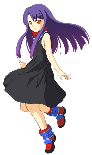 1girl, ankle_boots, bare_arms, beatrice_(wild_arms), black_dress, boots, breasts, dress, from_side, full_body, kirikaze_rushika, long_hair, purple_hair, sidelocks, simple_background, sleeveless, sleeveless_dress, solo, source_request, turtleneck, white_background, wild_arms, wild_arms_3, yellow_eyes