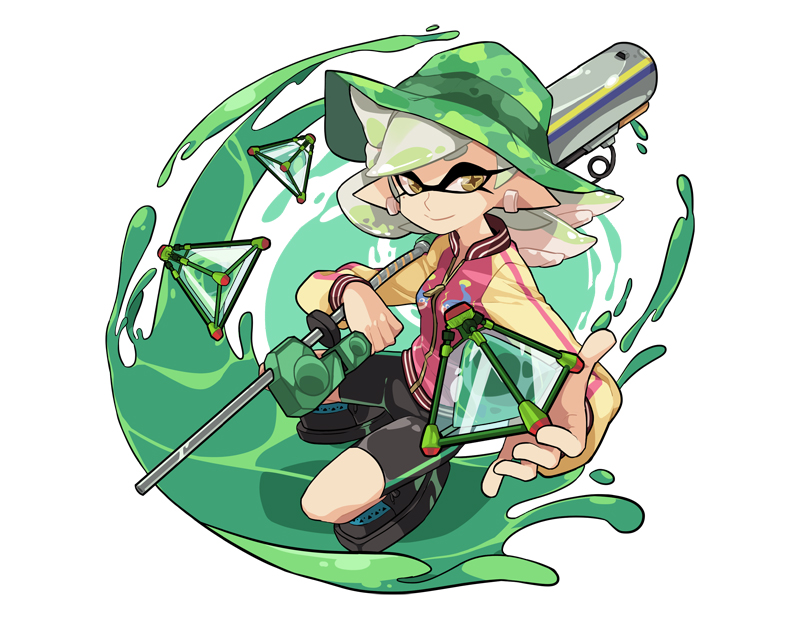 +_+, 1girl, bike_shorts, bomb, e-liter_3k, earrings, hat, holding, holding_weapon, ink, jewelry, letterman_jacket, looking_at_viewer, marie_(splatoon), nintendo, paint, pointy_ears, safari_hat, solo, splat_bomb, splatoon, splatoon_(series), tentacle_hair, wong_ying_chee, yellow_eyes