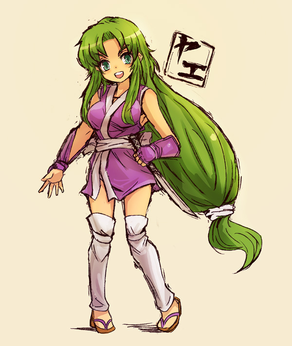 blue_eyes, fingerless_gloves, ganbare_goemon, gloves, green_hair, japanese_clothes, kara_(color), knife