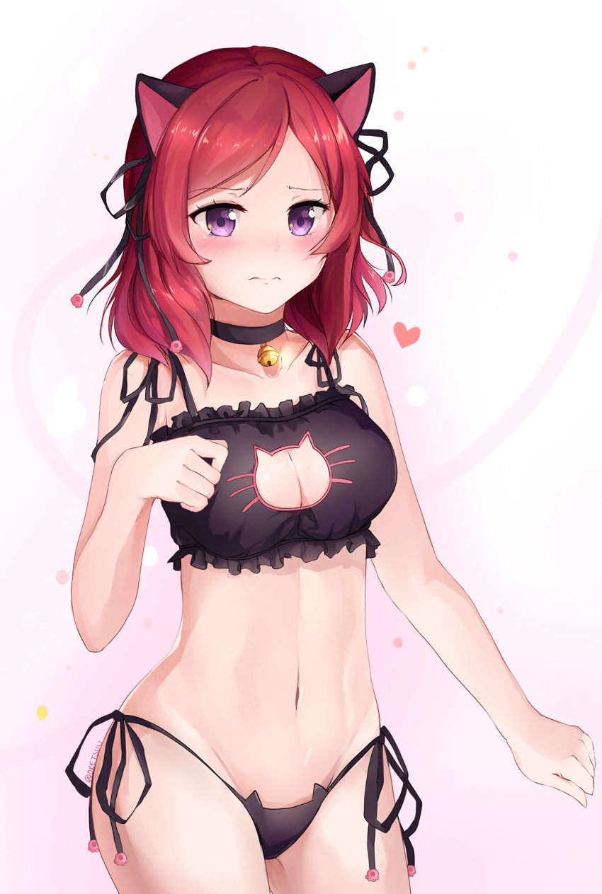 1girl, animal_ears, bell, bell_choker, blush, breasts, cat_cutout, cat_ear_panties