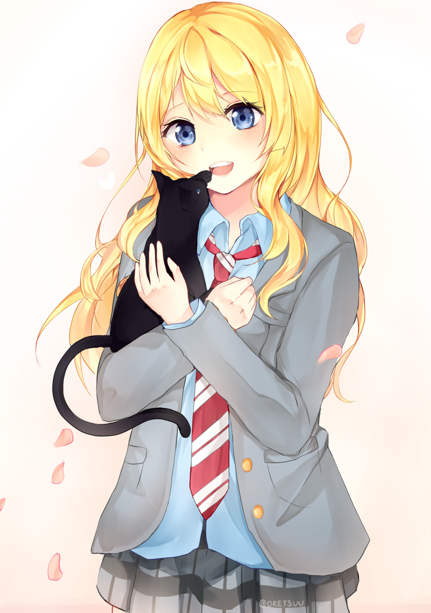 1girl, absurdres, animal, black_cat, blonde_hair, blue_eyes, cat, highres