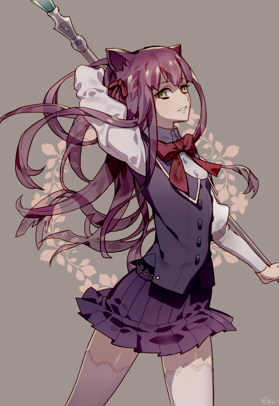 1girl, animal_ears, ayn_(unlight), bow, bowtie, brown_hair, buttons, cat_ears