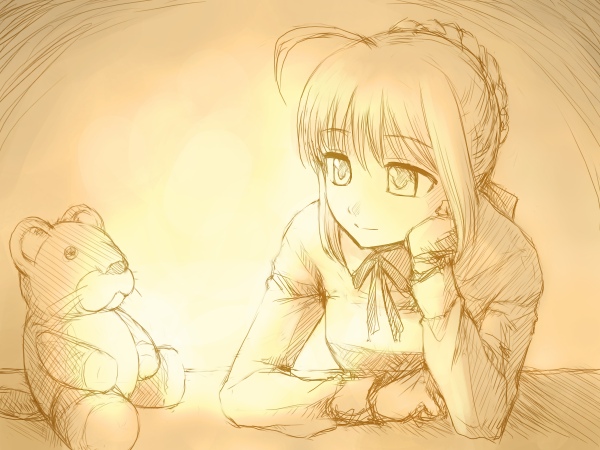 bad_id, fate/stay_night, fate_(series), lion, monochrome, saber, short_hair, stuffed_animal