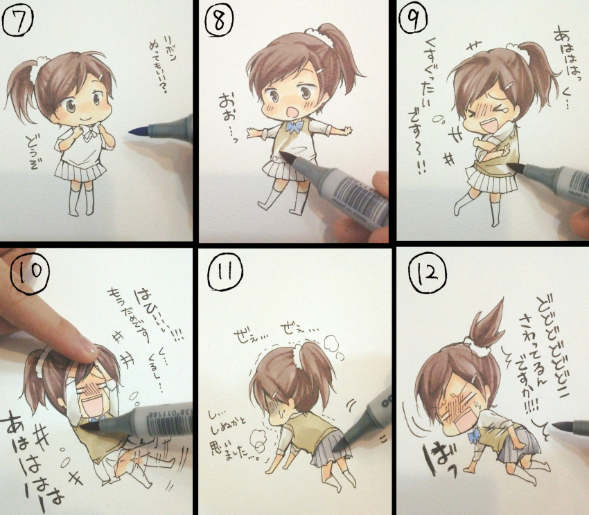 >_<, 1girl, :d, all_fours, blush, brown_eyes, brown_hair, chibi