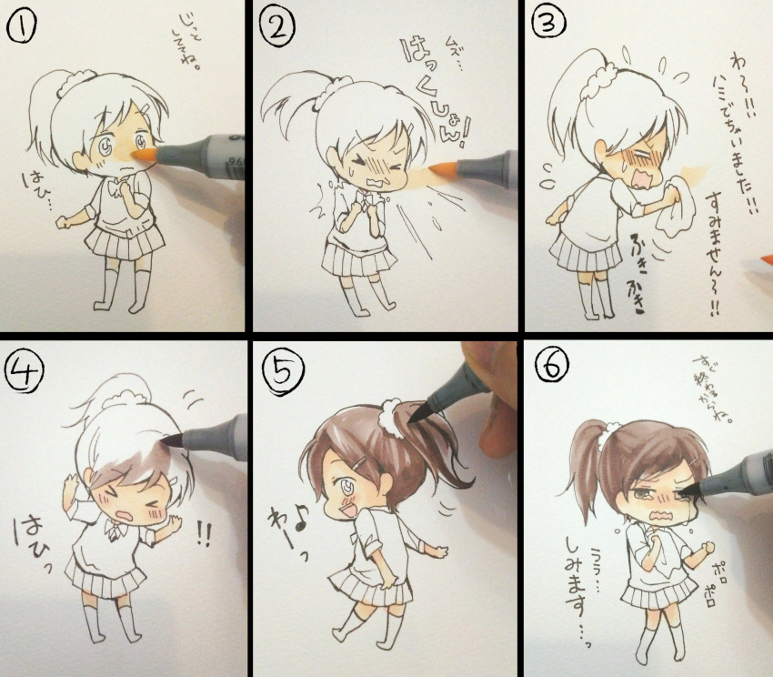 >_<, 1girl, blush, brown_eyes, brown_hair, chibi, closed_eyes, comic