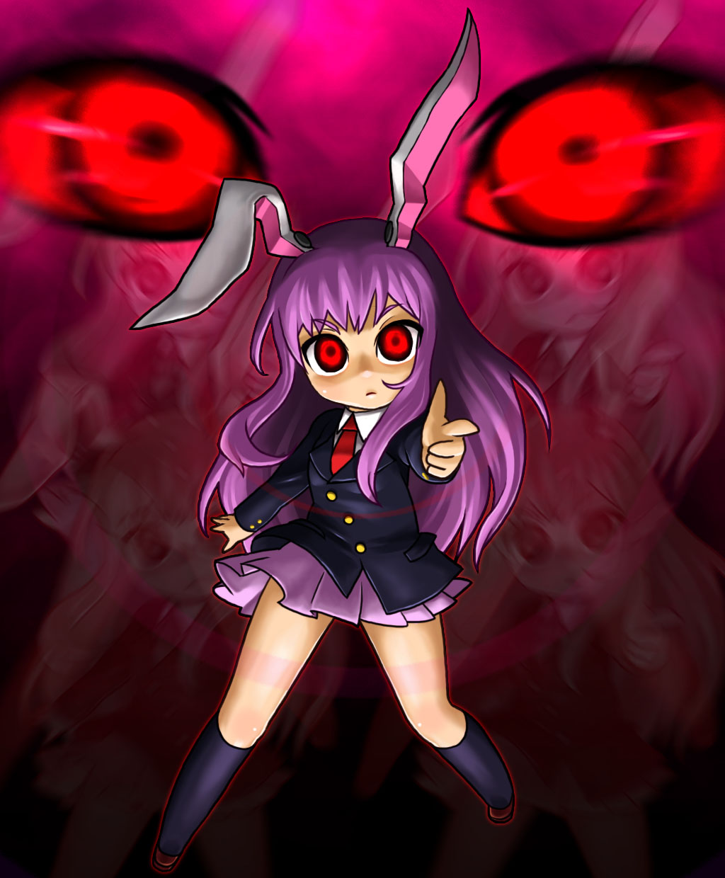 blazer, bunny_ears, eyes, finger_gun, highres, kneehighs, long_hair, necktie