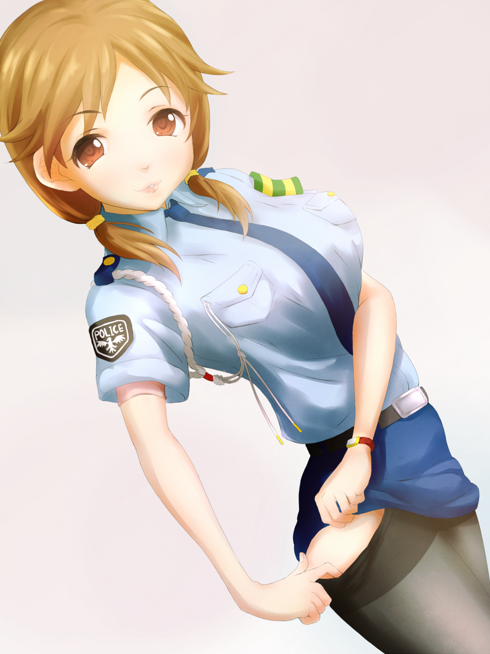 1girl, armband, belt, black_legwear, brown_eyes, brown_hair, collared_shirt, cowboy_shot, dutch_angle, highres, idolmaster, idolmaster_cinderella_girls, jihanki_(kunicho_gt), katagiri_sanae, light_smile, lipstick, looking_at_viewer, low_twintails, makeup, miniskirt, necktie, pantyhose, pantyhose_pull, police, police_uniform, policewoman, shirt, simple_background, skirt, skirt_lift, smile, solo, thighs, twintails, uniform, watch, watch