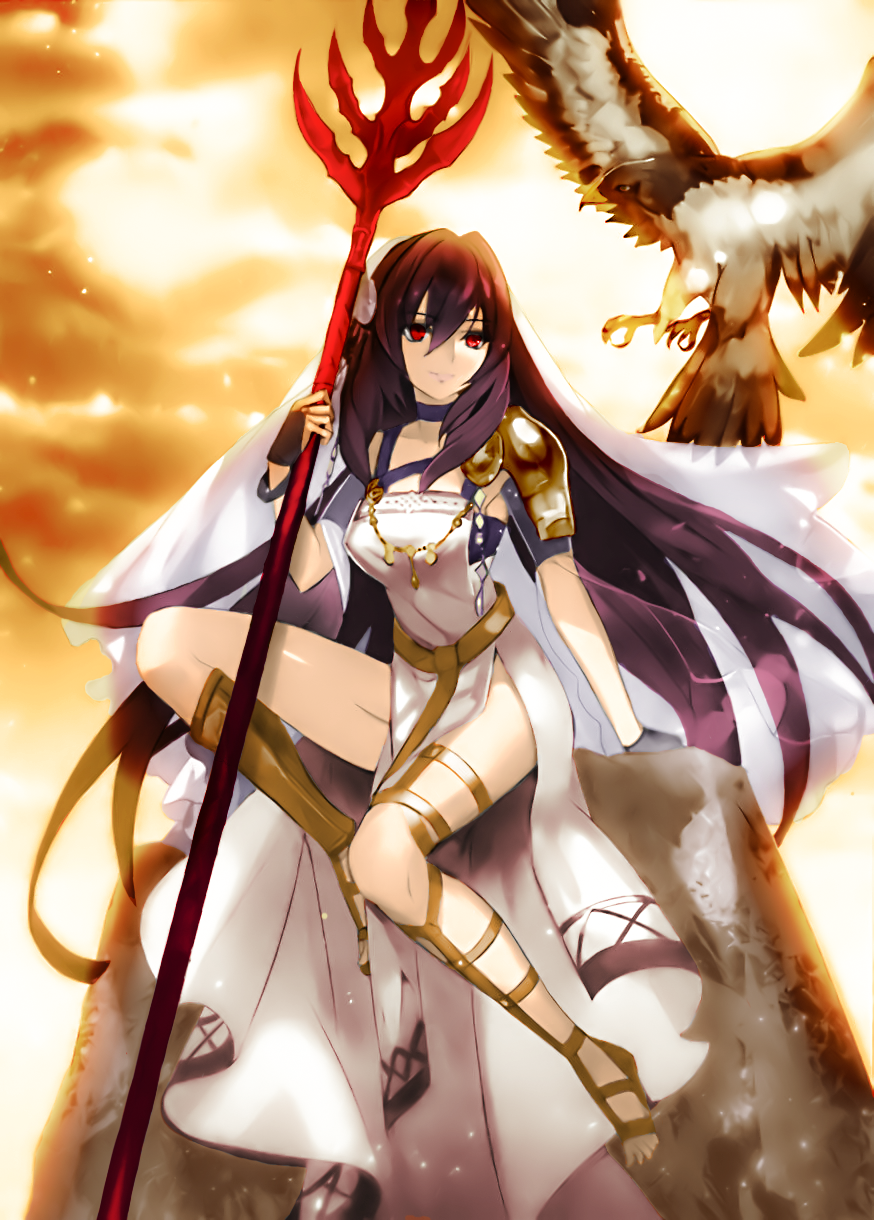 1girl, alternate_costume, bird, breasts, colored, eagle, fate/grand_order, fate_(series), highres, long_hair, polearm, purple_hair, red_eyes, rikusempai, scathach_(fate/grand_order), solo, spear, veil, weapon