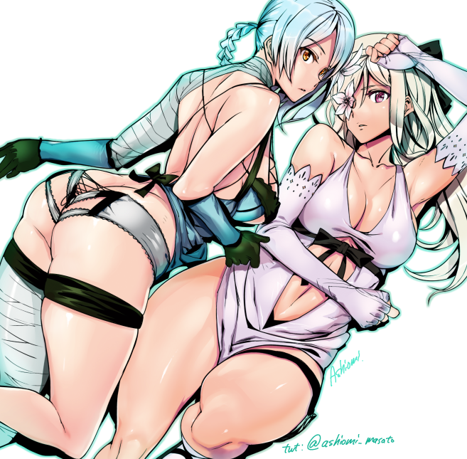 2girls, arm_up, armpits, ashiomi_masato, ass, ass_cutout, back, bandaged_arm