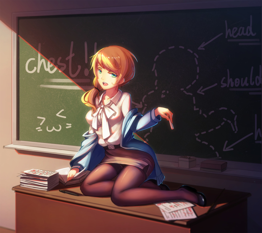 (9)_pai_bingxiang, 1girl, blonde_hair, blue_jacket, breasts, chalk, chalkboard, classroom