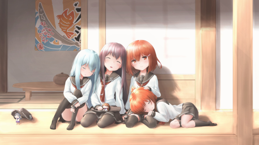 6+girls, :o, against_wall, ahoge, akatsuki_(kantai_collection), arms_up, black_legwear, black_skirt