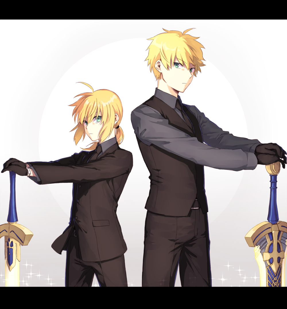 1boy, 1girl, ahoge, belt, black_gloves, black_necktie, black_pants, black_vest