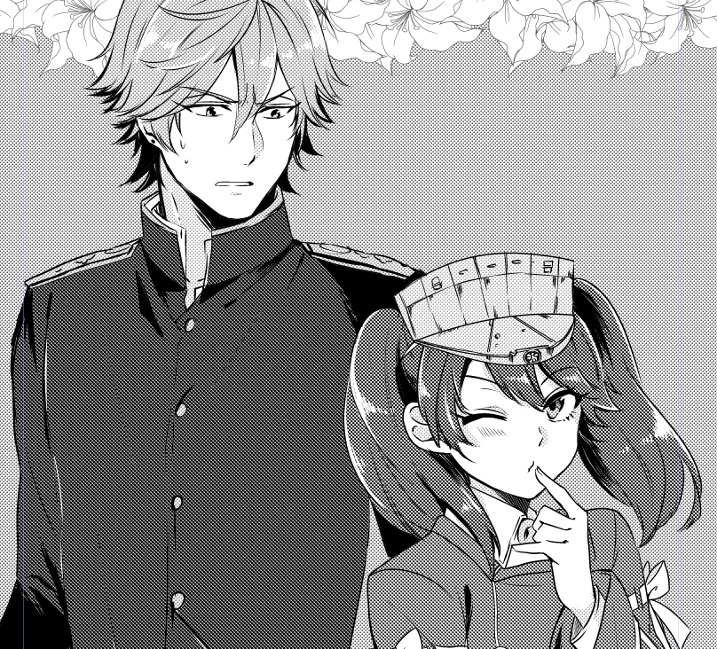 1boy, 1girl, ;o, admiral_arisugawa, blush, buttons, collarbone, finger_to_mouth