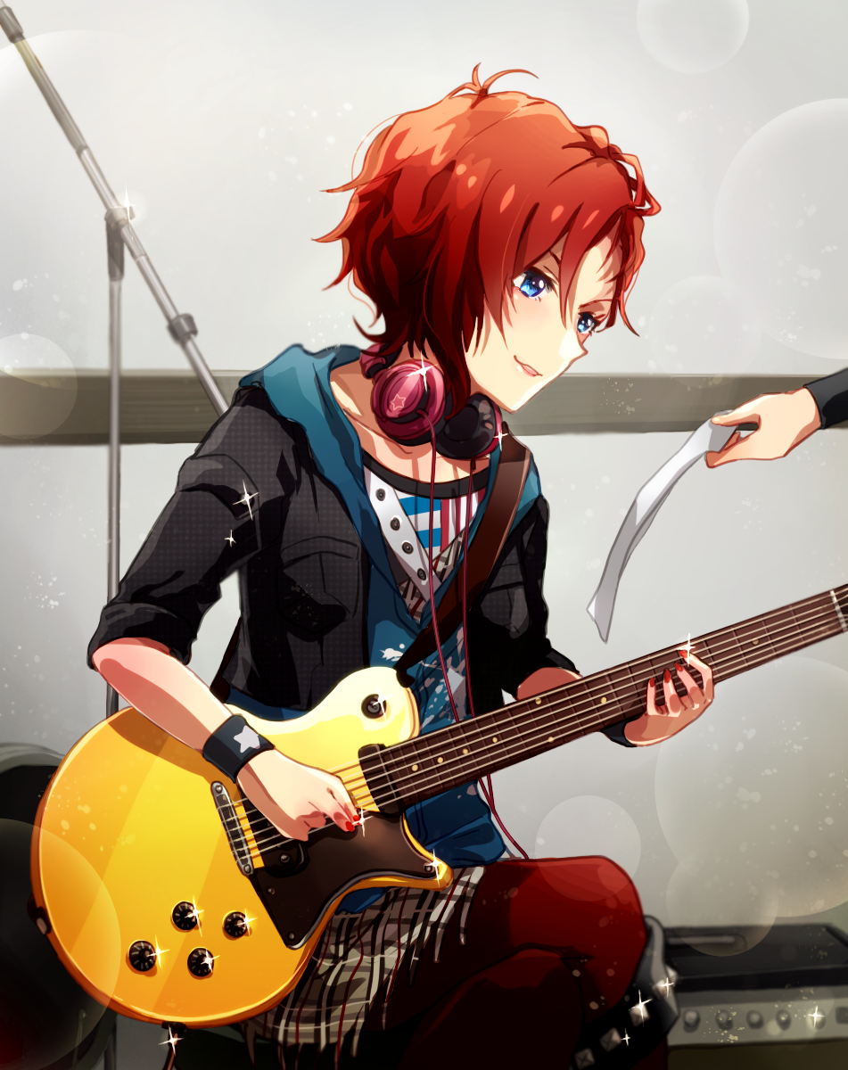 1girl, amplifier, anaroguya, blue_eyes, electric_guitar, guitar, headphones, highres, idolmaster, idolmaster_million_live!, instrument, julia_(idolmaster), open_mouth, pantyhose, redhead, short_hair, smile, solo_focus