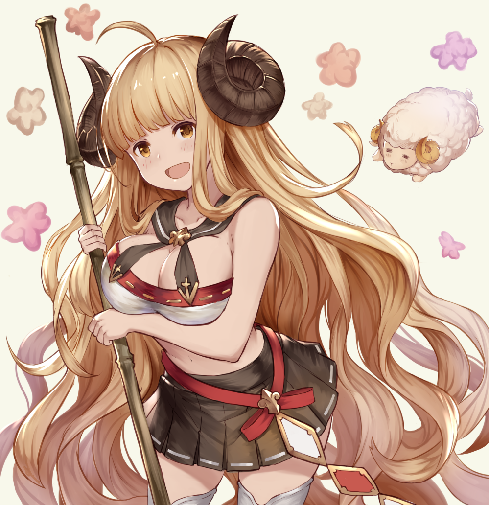 1girl, :d, ahoge, anila_(granblue_fantasy), bamboo_broom, black_skirt, blonde_hair, blush