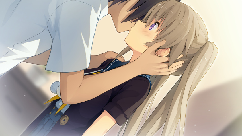 1boy, 1girl, akinashi_yuu, ao_no_kanata_no_four_rhythm, arisaka_mashiro, black_hair, game_cg, hetero, hinata_masaya, indoors, kiss, light_brown_hair, long_hair, school_uniform, short_hair, twintails, violet_eyes