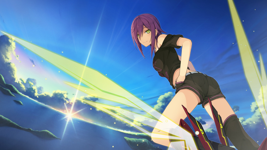 1girl, akinashi_yuu, ao_no_kanata_no_four_rhythm, asymmetrical_legwear, belt, black_legwear, black_shorts, flying_sweatdrops