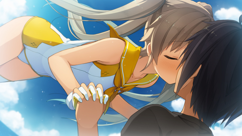 1boy, 1girl, akinashi_yuu, ao_no_kanata_no_four_rhythm, arisaka_mashiro, black_hair, closed_eyes, collarbone